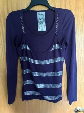 Pepe Jeans Purple Long-Sleeve Sequin Stripe Top with Ring-Detail Sz S